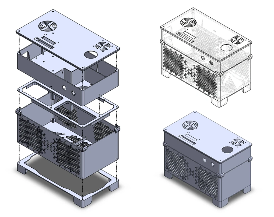 แบบ CAD ของตัวเครื่อง: ภาพแยกชิ้นแสดงโครงสร้างที่ซ้อนกันเป็นชั้น ช่องระบายอากาศ และตำแหน่งพัดลม จอ และข้อต่อน้ำ